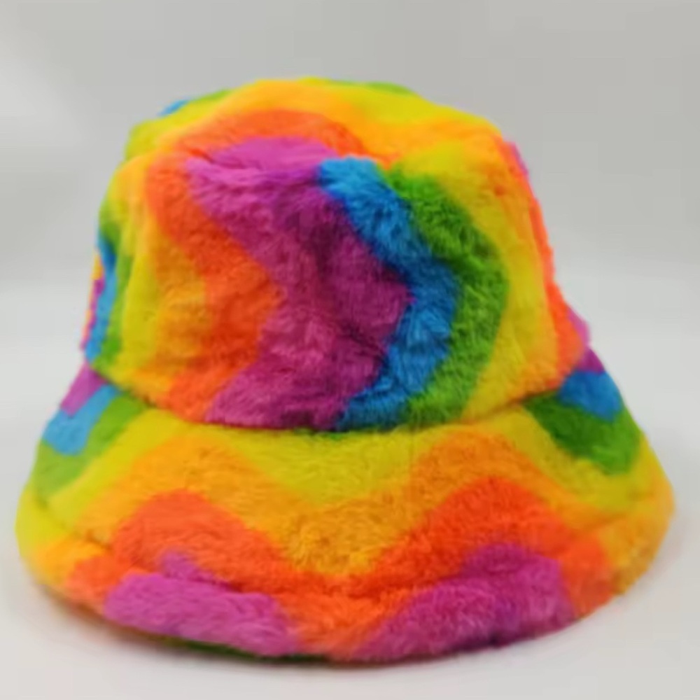 Rainbow Marble Swirl Faux Fur Costume Y2K Rave Fuzzy Furry Bucket Hat